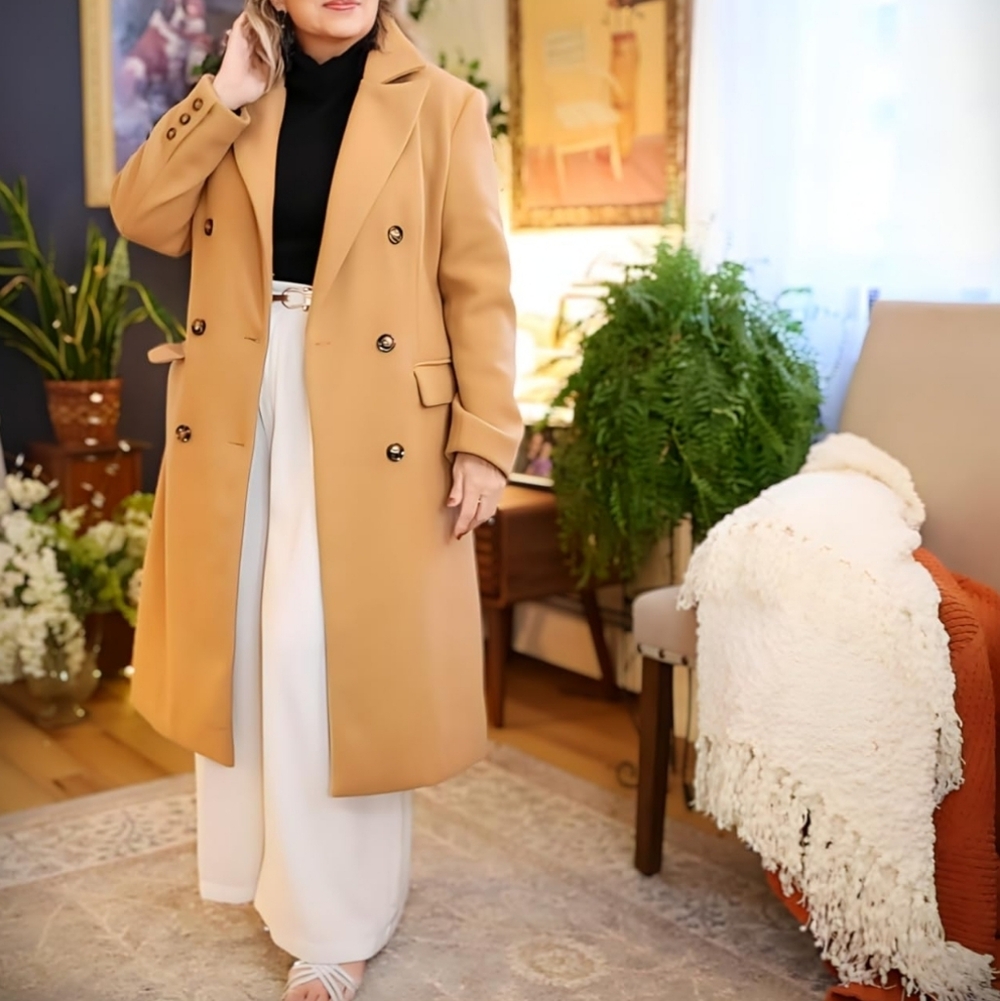 NWT Long Wool Coat Double Breasted Trench Coat Womens Size Medium Camel Color - Picture 7 of 7